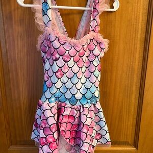 Girls Pink Mermaid-Scale One-Piece Swimsuit with Ruffle Skirt